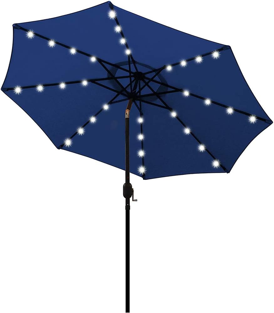 WSHA Parapluie d'extérieur avec lumières LED à énergie Solaire 9 pi. Parapluies de marché déportés avec Inclinaison et manivelle, Bleu