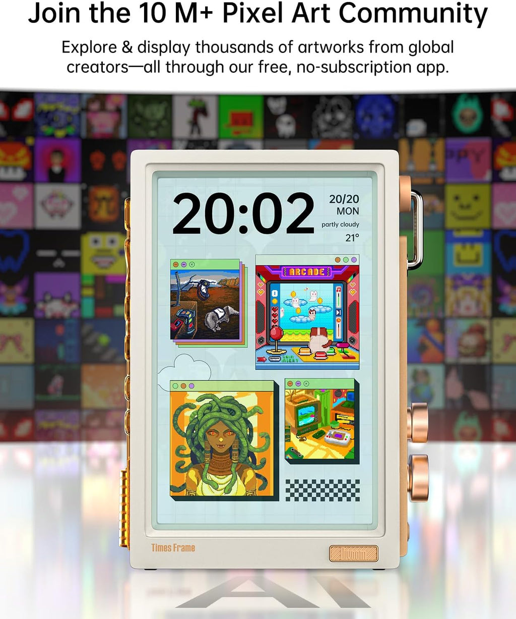 Divoom Times Frame – Cadre Photo numérique 10,1" Wi-FI 64 Go, écran IPS Flottant Bouton RVB, +400 Cadrans widgets communauté Pixel Art (Blanc)