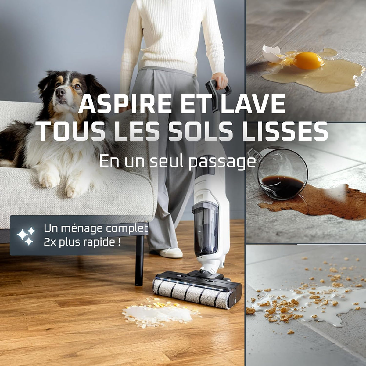 Rowenta X-Clean5, Aspirateur Laveur sans Fil, Nettoyage 2-en-1, Mode de détection Auto, Éclairage LED, Auto-Nettoyage, Séchage air Chaud, GZ5557EE, Blanc/Noir