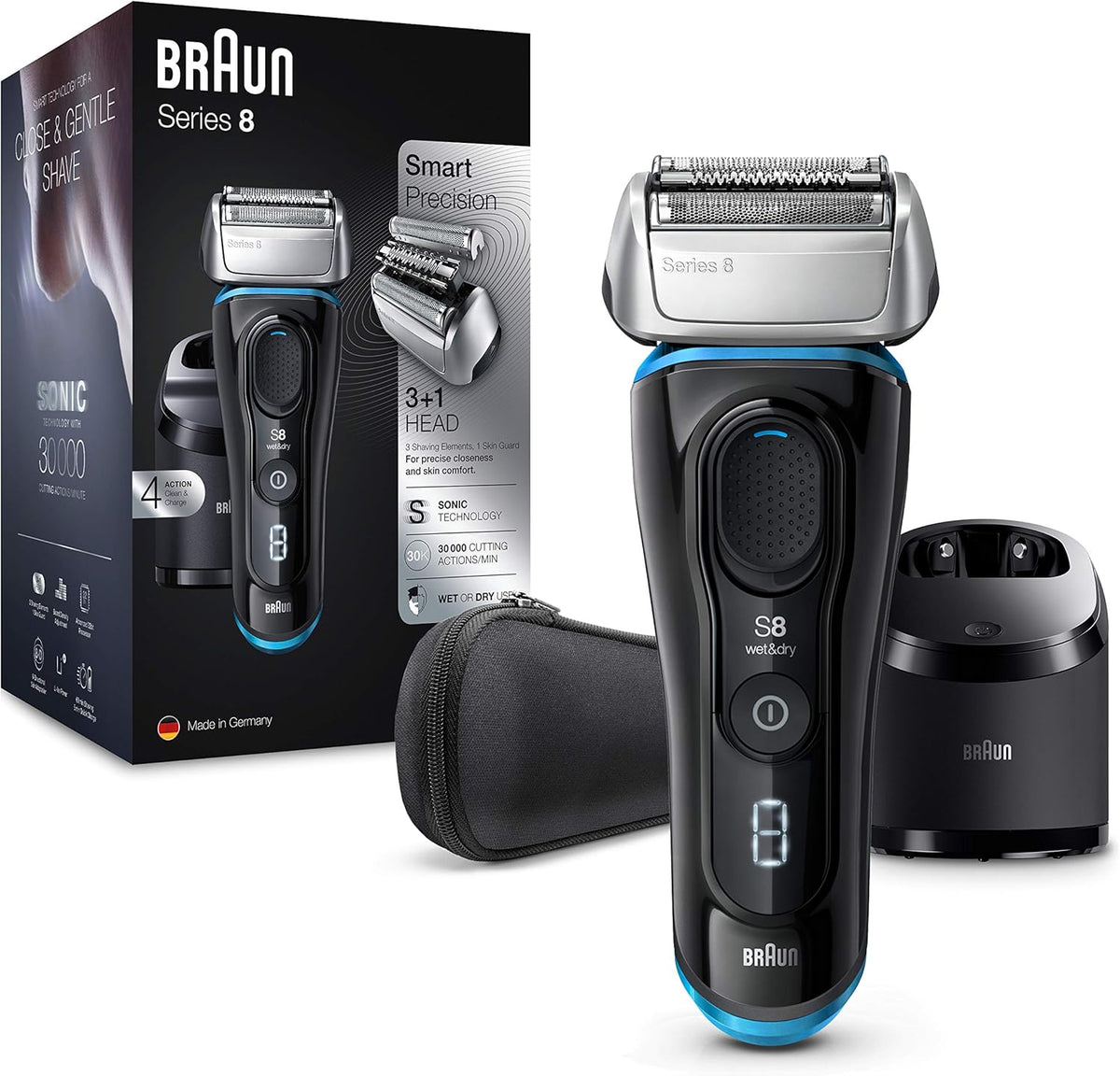 Braun Series 8 8385cc Nouvelle Génération, Rasoir Électrique Barbe Homme, Station Clean&Charge, Étui Tissu, Noir, Idée Cadeau Homme