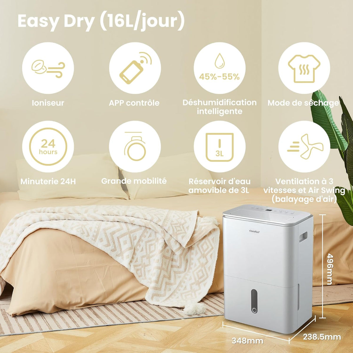 Déshumidificateur 2-EN-1,Elimine l'humidité jusqu'à 16L-Jour, Purification d'air avec ioniseur, 4 Modes, Fonction Air Swing, Contrôle APP, Idéal pour pièces de 29-44㎡, Easy Dry 16