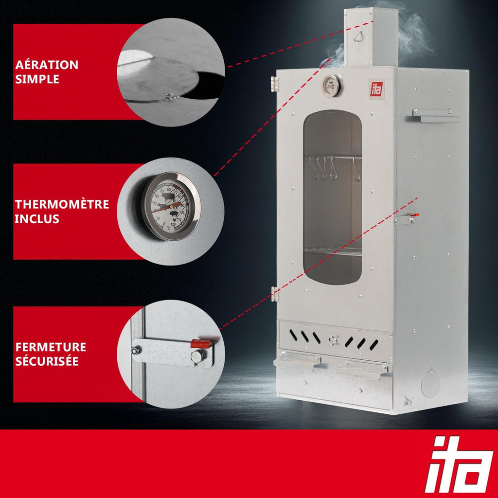 ITA Fumoir Électrique 7012 - Set Smoker avec Chauffage, générateur de fumée - Armoire avec fenêtre & cheminée - Acier allié - Qualité UE, Direct Fabricant - 81 cm avec 3 Niveaux