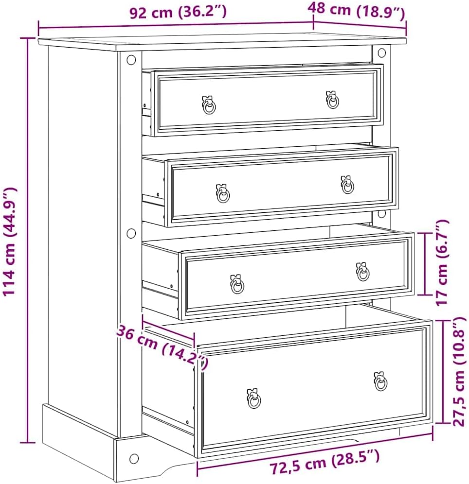 vidaXL Commode Corona 92x48x120 cm Bois Massif de pin, Commode à tiroirs, classeur, Armoire à tiroirs, Armoire de Rangement, Buffet