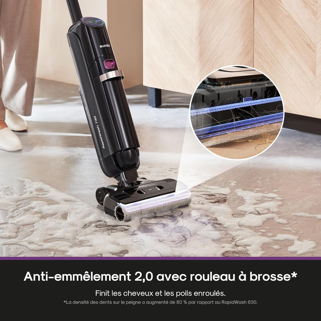 Eureka RapidWash NEW730 Aspirateur Laveur sans Fil Aspiration 21600 Pa, Lavage Eau Chaude 85 °C, Séchage 5 Minutes Air Chaud, Anti Emmêlement 2,0, Conception à Plat, Autonomie 40 Mins Ininterrompue