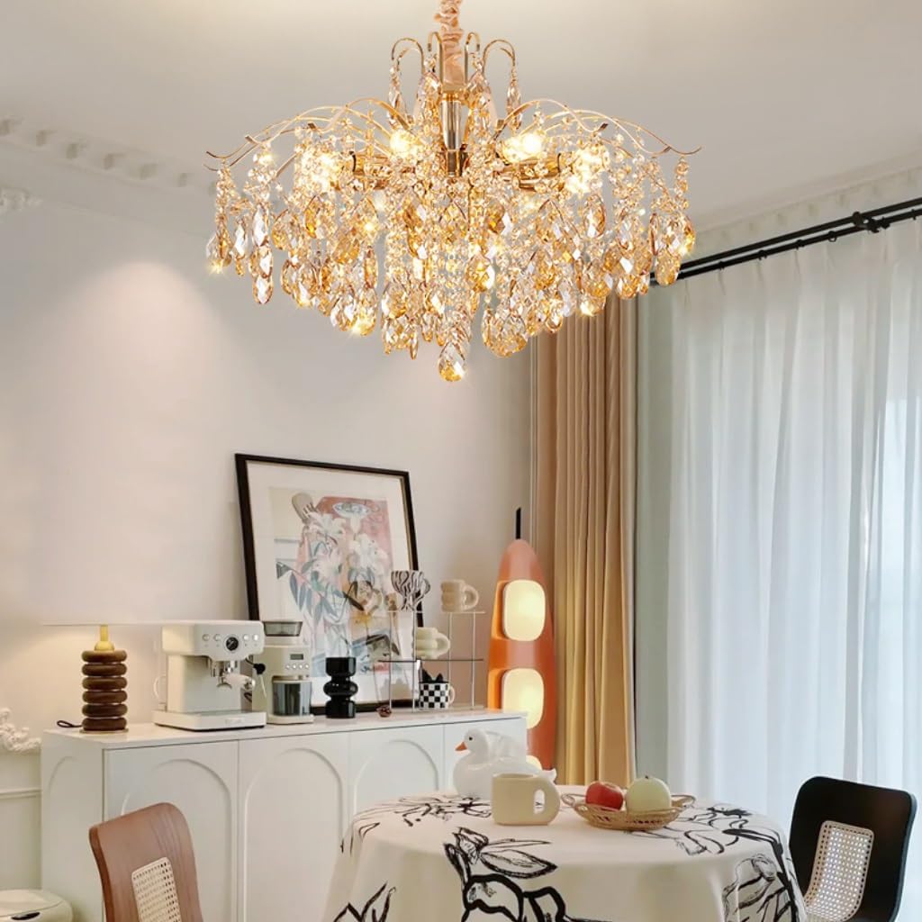 DOCJX Lustre Salon Moderne - Cristal Dimmable E14 Lampe Suspendue En Cristal K9 Avec Finition Dorée, Luminaire D'Intérieur Réglable Adapté Pour Lustre De Salle À Manger Et Chambre, Salon 60CM