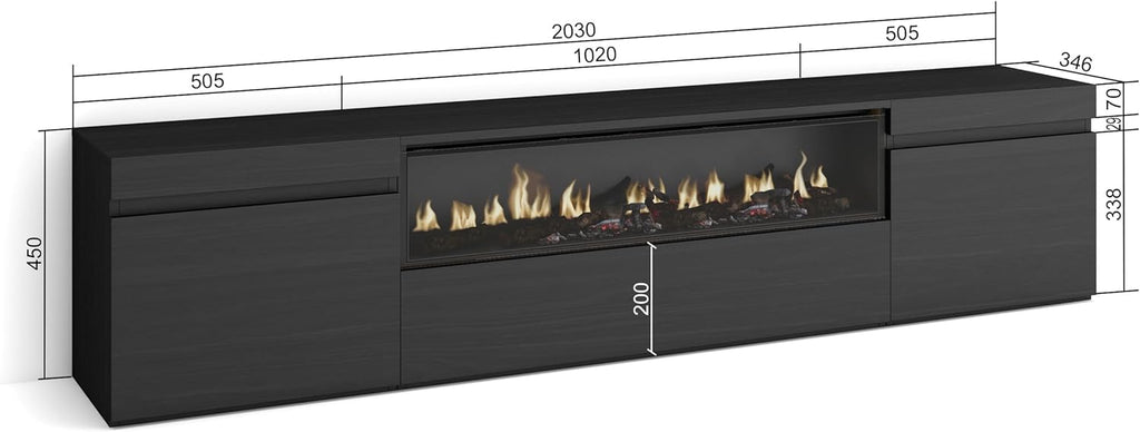 Skraut Home | Meuble TV | Banc Télé | Grand Espace de Rangement | 200x45x35cm | pour Les TV jusqu'à 80" | Cheminée électrique | Style Moderne | Noirs
