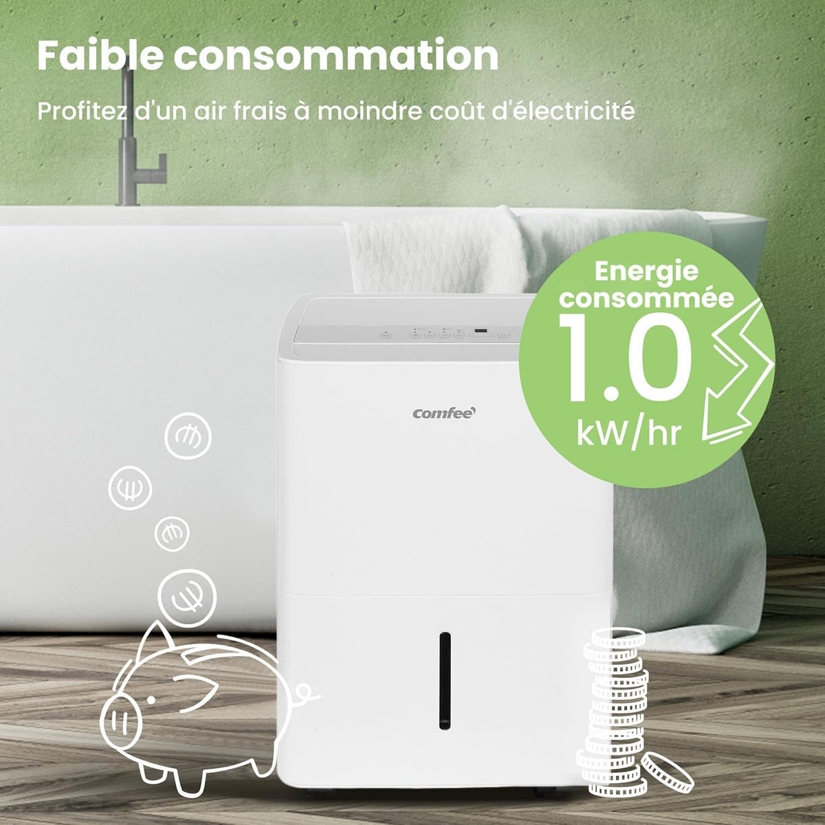 Déshumidificateur Puissant, Absorbe jusqu'à 50L/Jour, Sèche-linge, Mode confort, Grand Réservoir 6L, Minuterie 24H, Idéal pour grandes pièces de 101-116㎡, MDDPE-50DEN7, Cave, Sous-sol