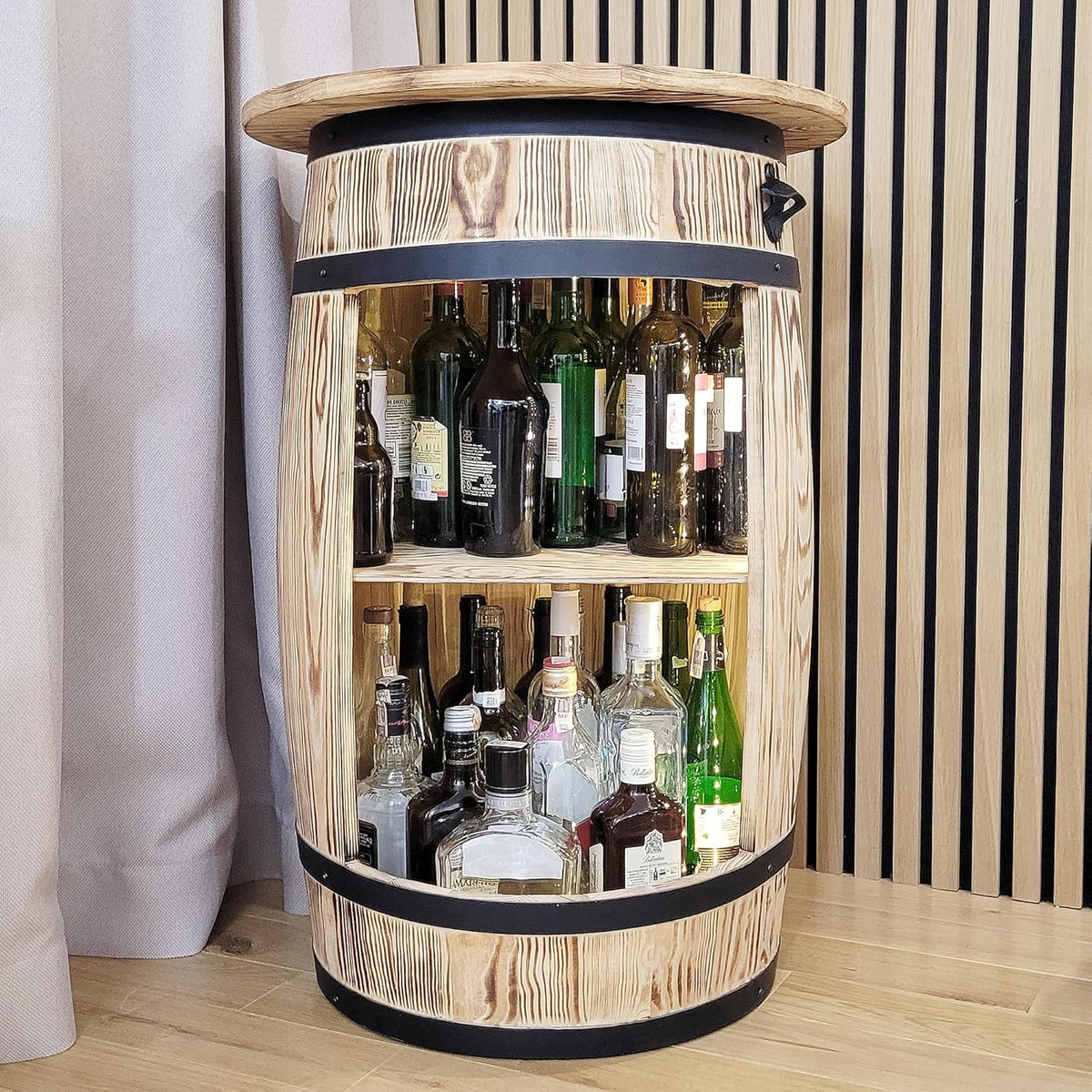 weeco Baril en Bois Massif avec Plateau et éclairage LED - Meuble Bar Rustique pour Bouteilles - Table décorative pour Salon pour Homme et Femme - 80x50 cm