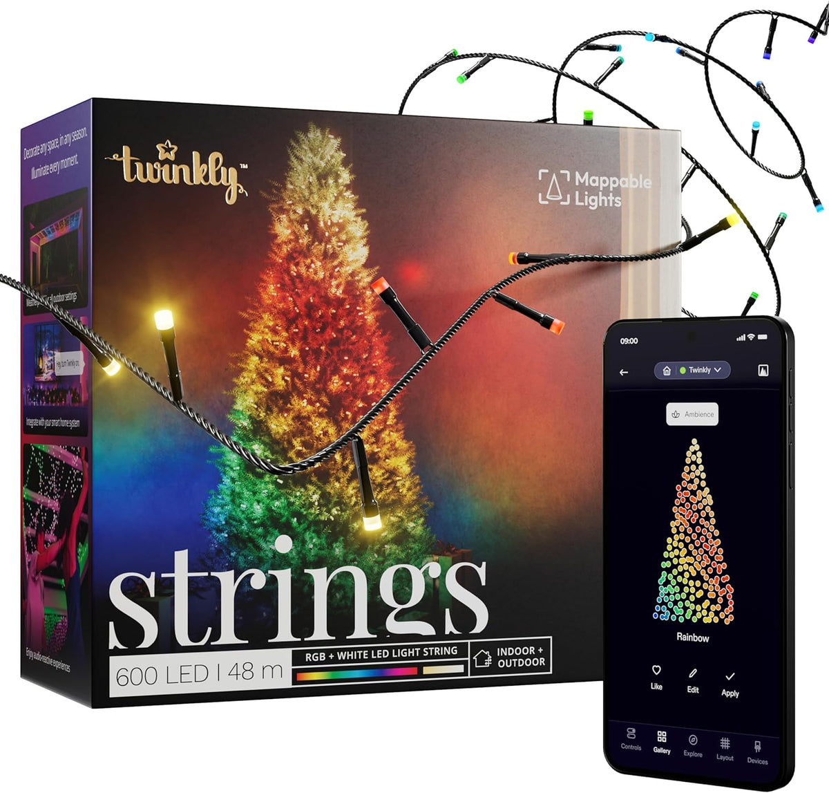Twinkly Strings 600 LED RGB+Blanc, Guirlande Lumineuse Exterieur et Intérieur, Lumières LED Multicolores, Compatible avec Alexa, Google Home, Guirlande Noël, IP44, Contrôle App, Fil Noir, 48m