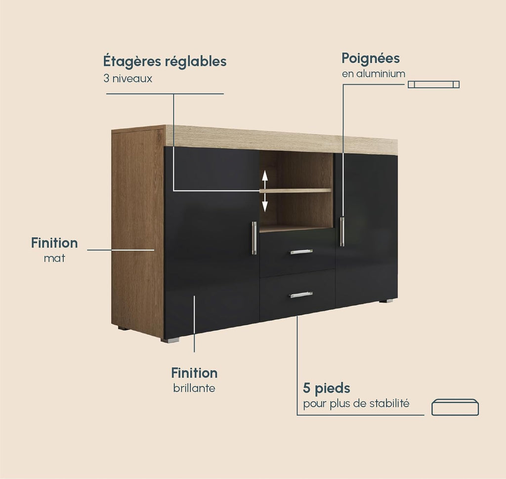 MB Muebles Bonitos, Buffet Roque pour Salon et Salle à Manger Moderne, Meuble TV en Mélamine, Couleur Sonoma Mat et Noir Brillant, 140x80x40 cm