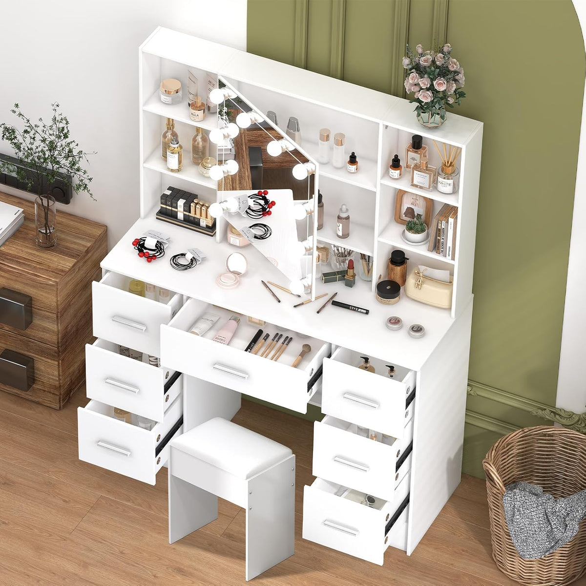 Buildonely Grande coiffeuse avec tabouret, miroir et éclairage, 3 températures de couleur avec luminosité réglable, table cosmétique avec 7 tiroirs, 40 x 100 x 140 cm, SD5210
