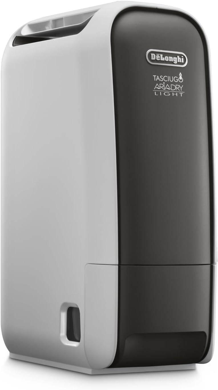 De’Longhi Tasciugo AriaDry Light - Déshumidificateur Portable pour la Maison, Zéolite et Ioniseur, Élimination Humidité 6L/24h, Séchage, Anti-Moisissure, Silencieux, Mode Swing, Minuteur, Gris (DNS65)