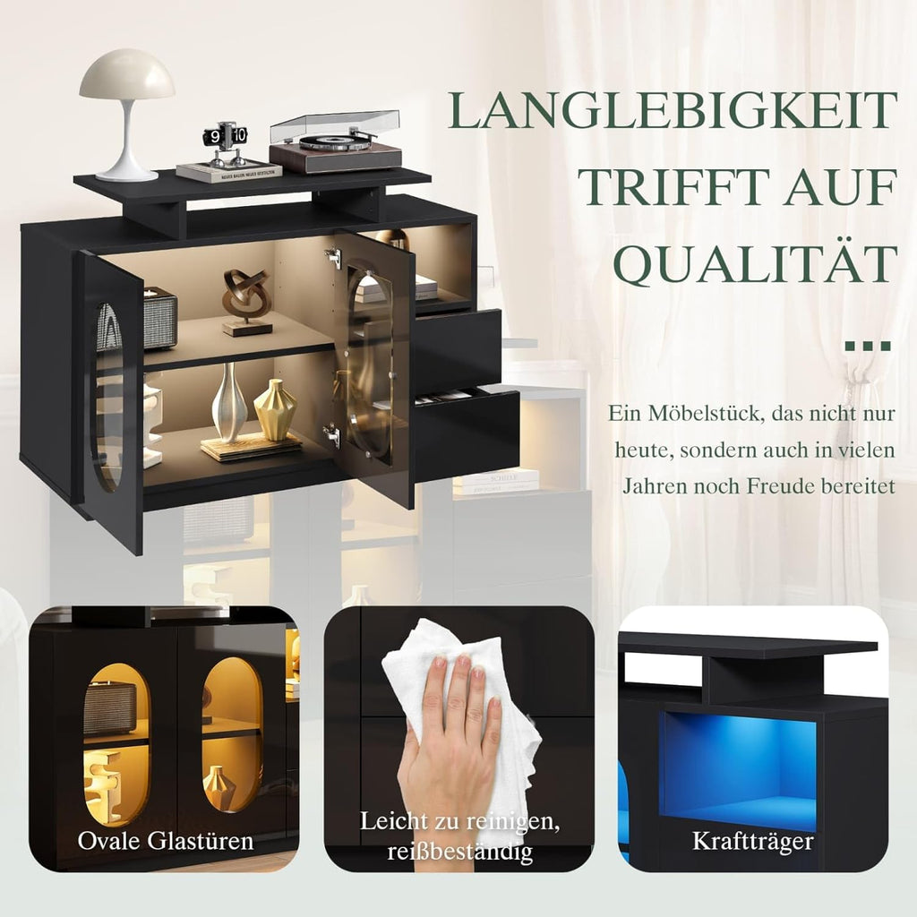 KOMHTOM LED Commode, Buffet en Bois, Armoire de Rangement, Espace Multi-Partitionné, Vitrine Moderne pour Salon, Salle à Manger et Couloir Noir-F