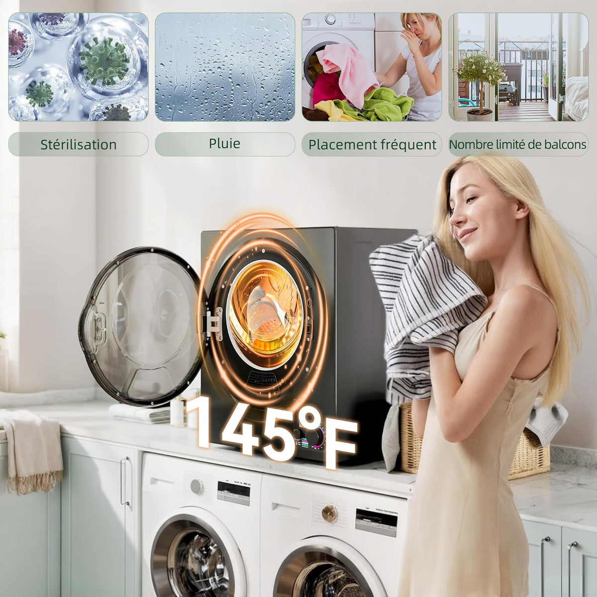 HOMCOM Sèche-linge à évacuation portable, sèche-linge électrique 850 W, 4 Kg, 4 modes de séchage, 2 niveaux de chauffage, cuve en acier inoxydable, installation murale, pour appartement dortoir, noir