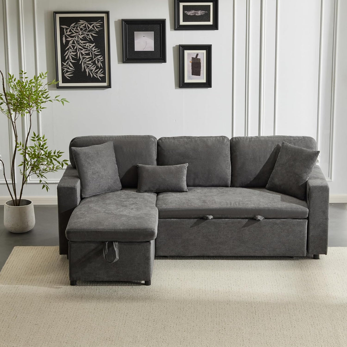 Canapé convertible 3 places en forme de L avec USB et étagère intégrée, meubles rembourrés, convertible avec tiroir de lit, meuble de salon, gris foncé