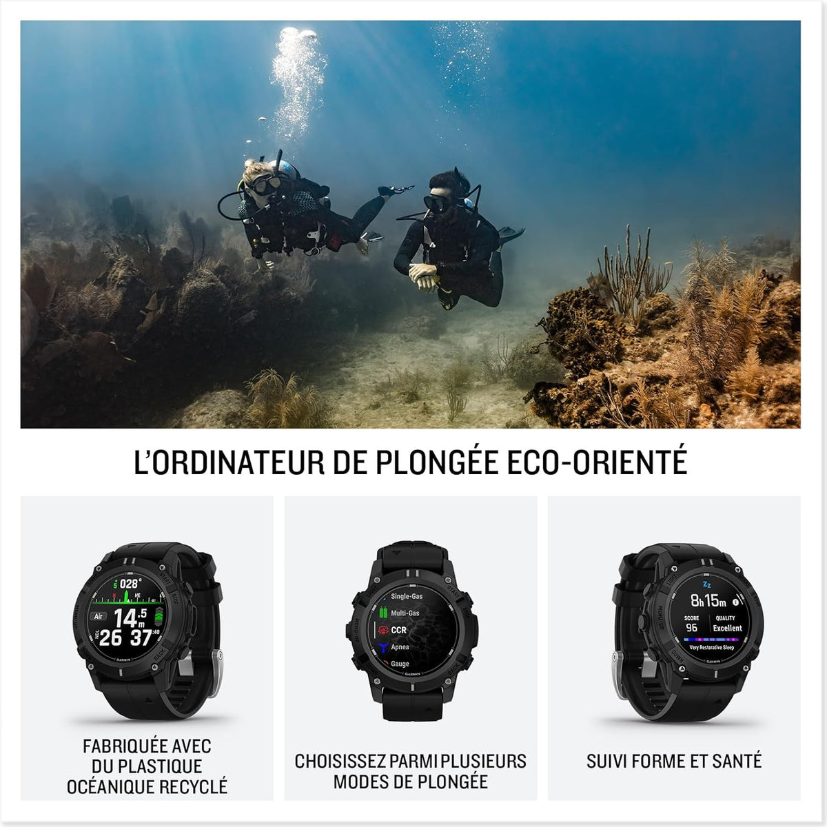 Descent G2 - Montre GPS connectée avec Ordinateur de plongée - Noir avec Bracelet Noir