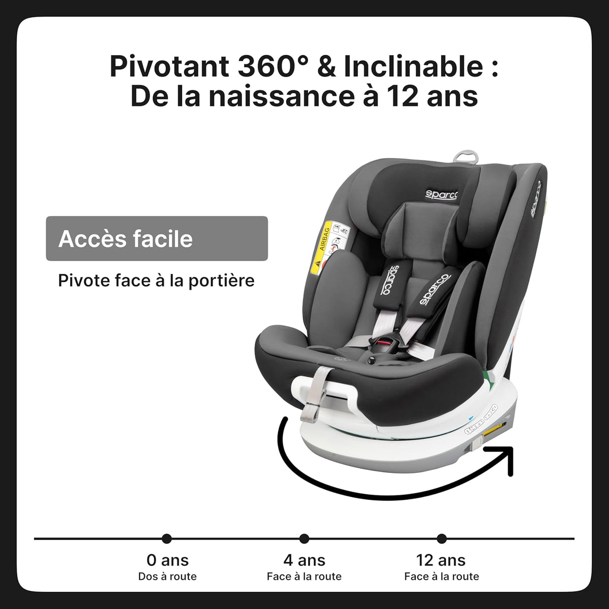 Siège Auto Bébé Enfant Sparco Isofix Rotatif 360° i-Size 40–150cm – ECE R129/03 – Réducteur Inclus – Sécurité Maximale et Confort – Installation Face/Dos Route