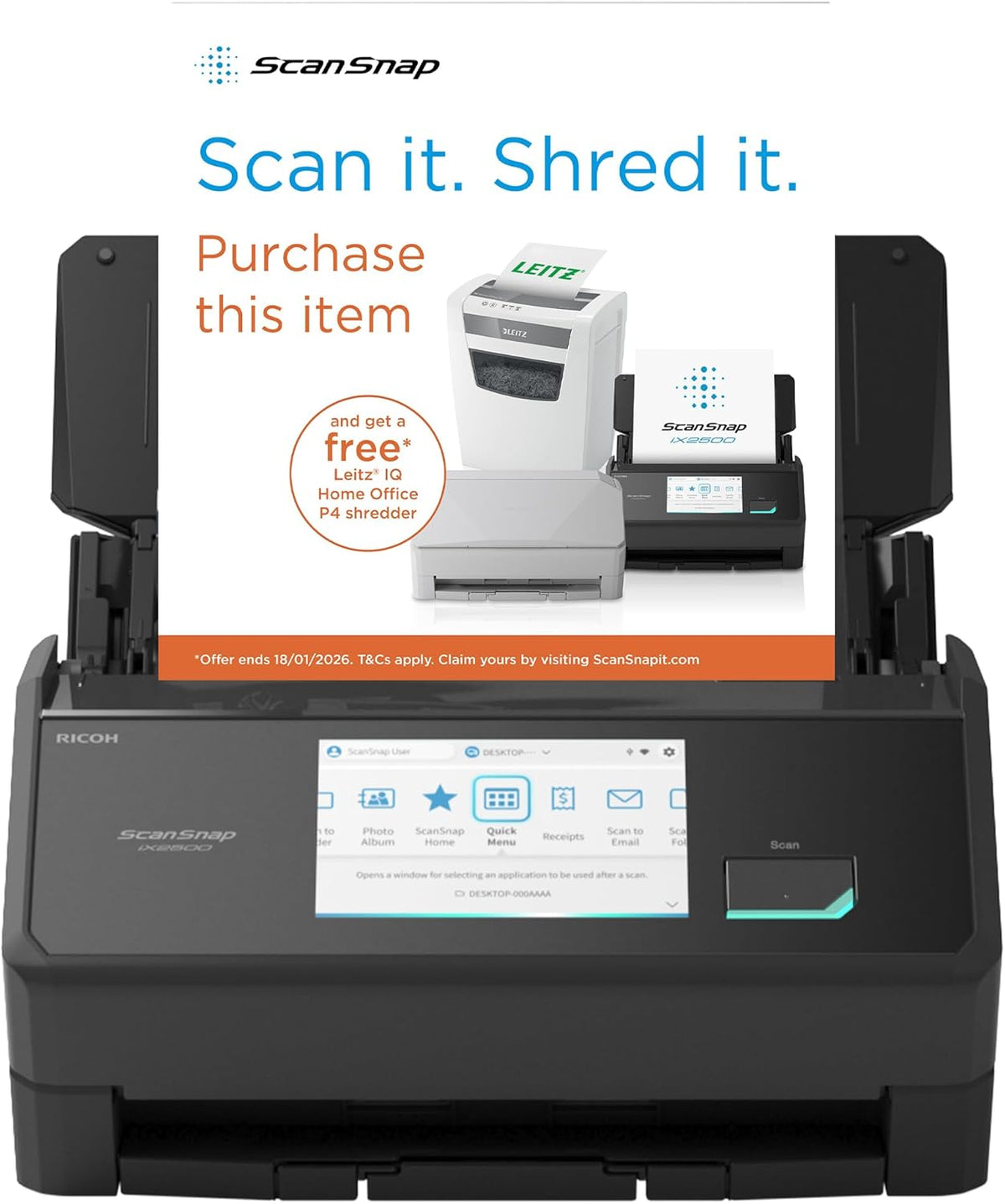 Ricoh ScanSnap iX2500 Scanner ADF 600 x 600 DPI A4 Noir (Ricoh ScanSnap iX2500 - Scanner de documents - Double CIS - Recto verso - 279 x 432 mm - 600 dpi x 600 dpi - jusqu'à 45 ppm [mono] / jusqu'à 45