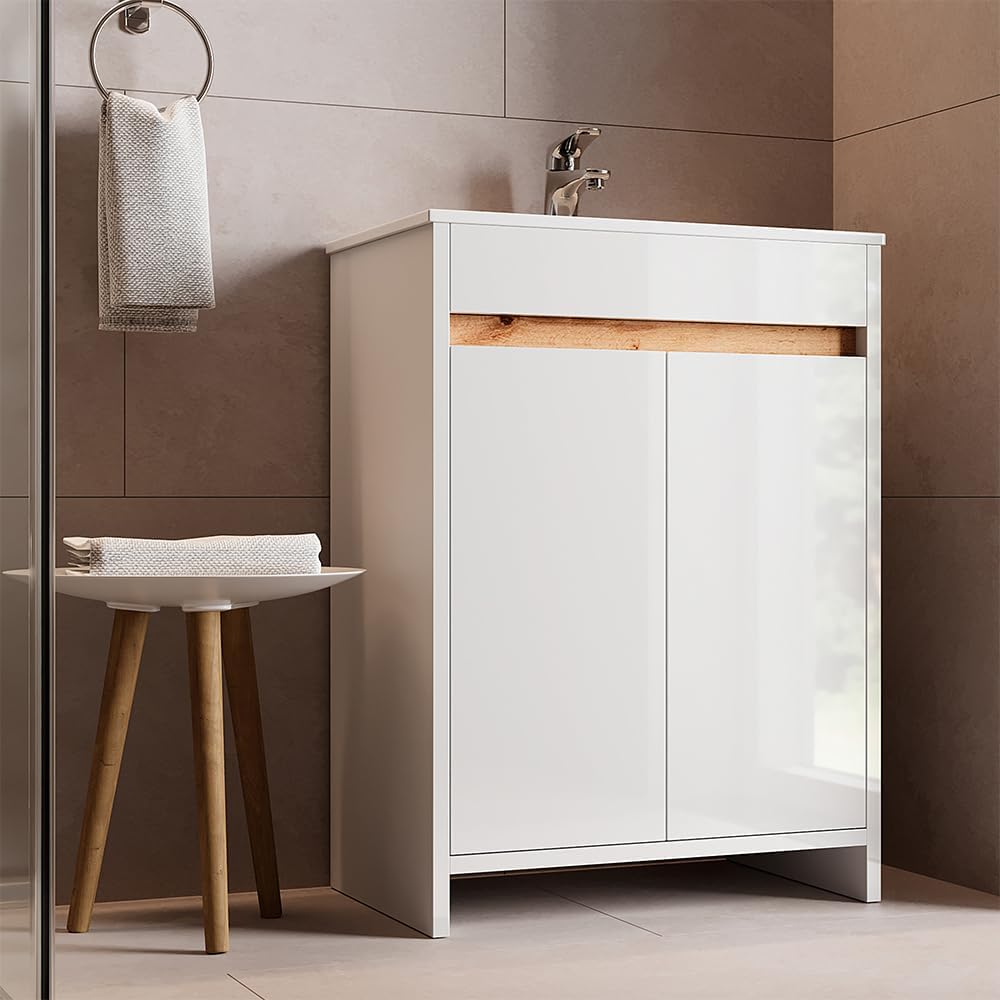 Vicco Ensemble de Meubles de Salle de Bain Lemgo, Blanc Haute Brillance, 2 pièces, Armoire Basse 60 cm