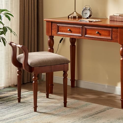 Élégant tabouret de coiffeuse rétro avec siège rembourré confortable et pieds en bois massif, chaise de maquillage pour femme, capacité de 109 kg (noyer sans dossier)