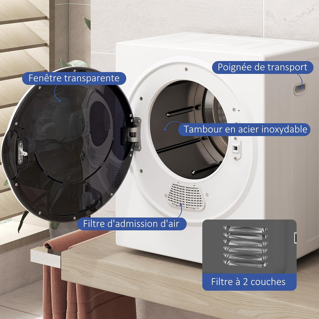 HOMCOM Sèche-linge à évacuation portable, sèche-linge électrique 850 W, 4 Kg, 4 modes de séchage, 2 niveaux de chauffage, cuve en acier inoxydable, installation murale, pour appartement dortoir, blanc