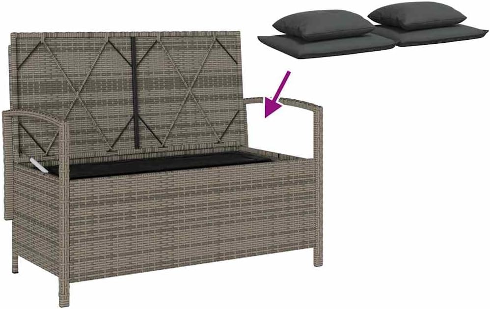 vidaXL Banc de Rangement de Jardin avec Coussin Gris résine tressée, Banc de Jardin, Banc de Jardin, Banc de Patio, Banc d'extérieur, Banc de Parc