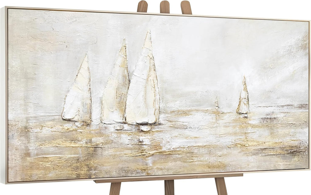 YS Tableau decoration murale salon peinte à la main Éblouissement solaire Peinture moderne paysage marin avec voiliers tons beiges avec or avec cadre 140x70 cm