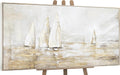 YS Tableau decoration murale salon peinte à la main Éblouissement solaire Peinture moderne paysage marin avec voiliers tons beiges avec or avec cadre 140x70 cm