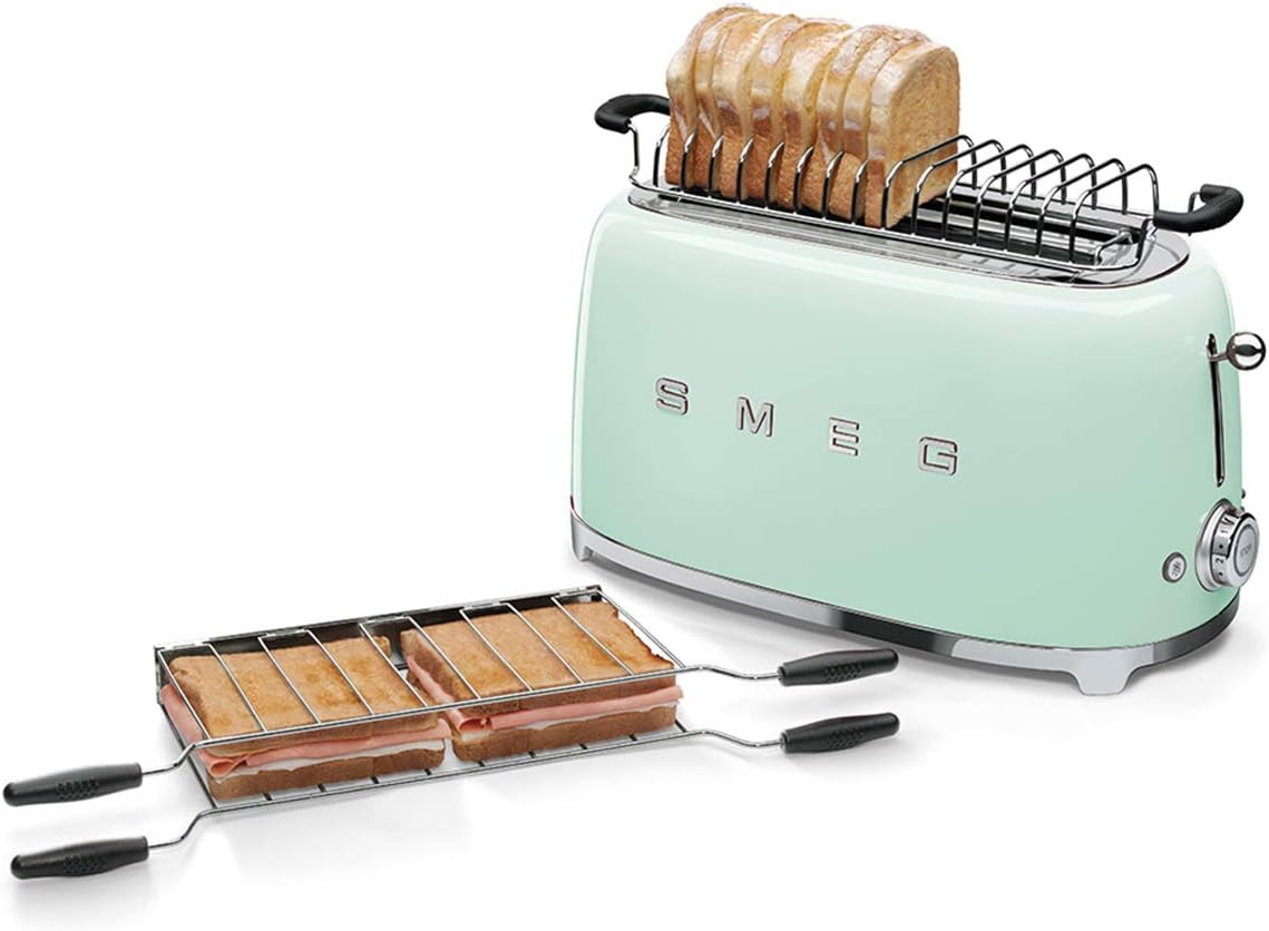 Smeg, Grille-pain 4 Tranches TSF02PGEU, 2 Fentes 36 mm, 6 Niveaux de Brunissage, Fonction Chauffage, Décongélation et Bagel, Éjection Automatique du Pain, Ramasse Miettes, 1500 W, Vert Pastel