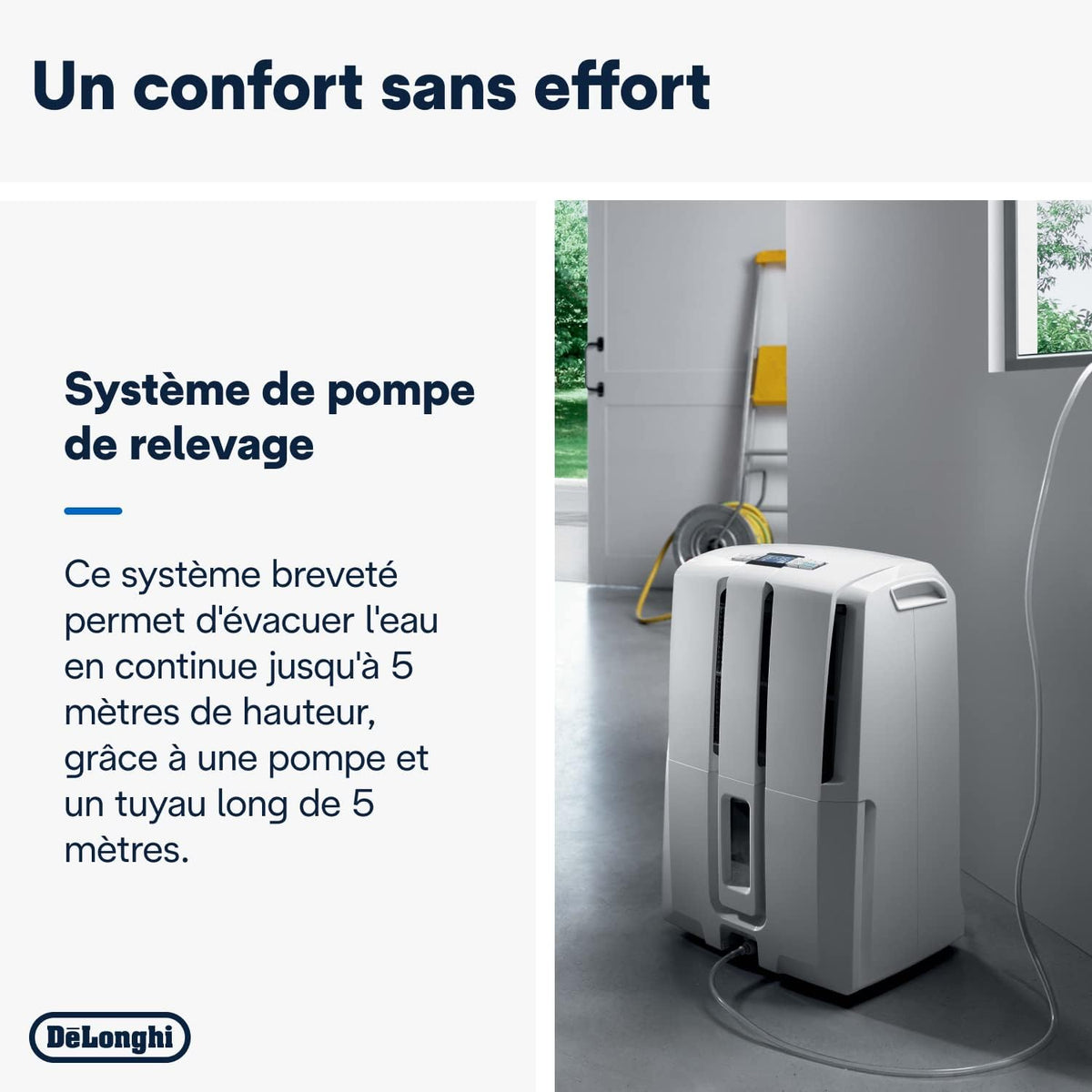 De'Longhi DD230P Aria Dry Pump Déshumidificateur, Efficacité dès 24h, Tuyau Evacuation 5 m, Réservoir d'eau Amovible, Capacité 30 Litres,540 W, Blanc