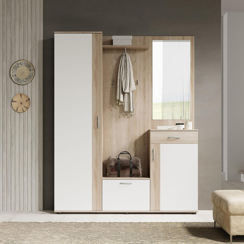 Stella Trading PATENT Ensemble de vestiaires d'entrée en aspect chêne Sonoma, blanc - Vestiaire compact stylé avec miroir pour votre entrée - 145 x 184 x 29 cm (L/H/P), marron