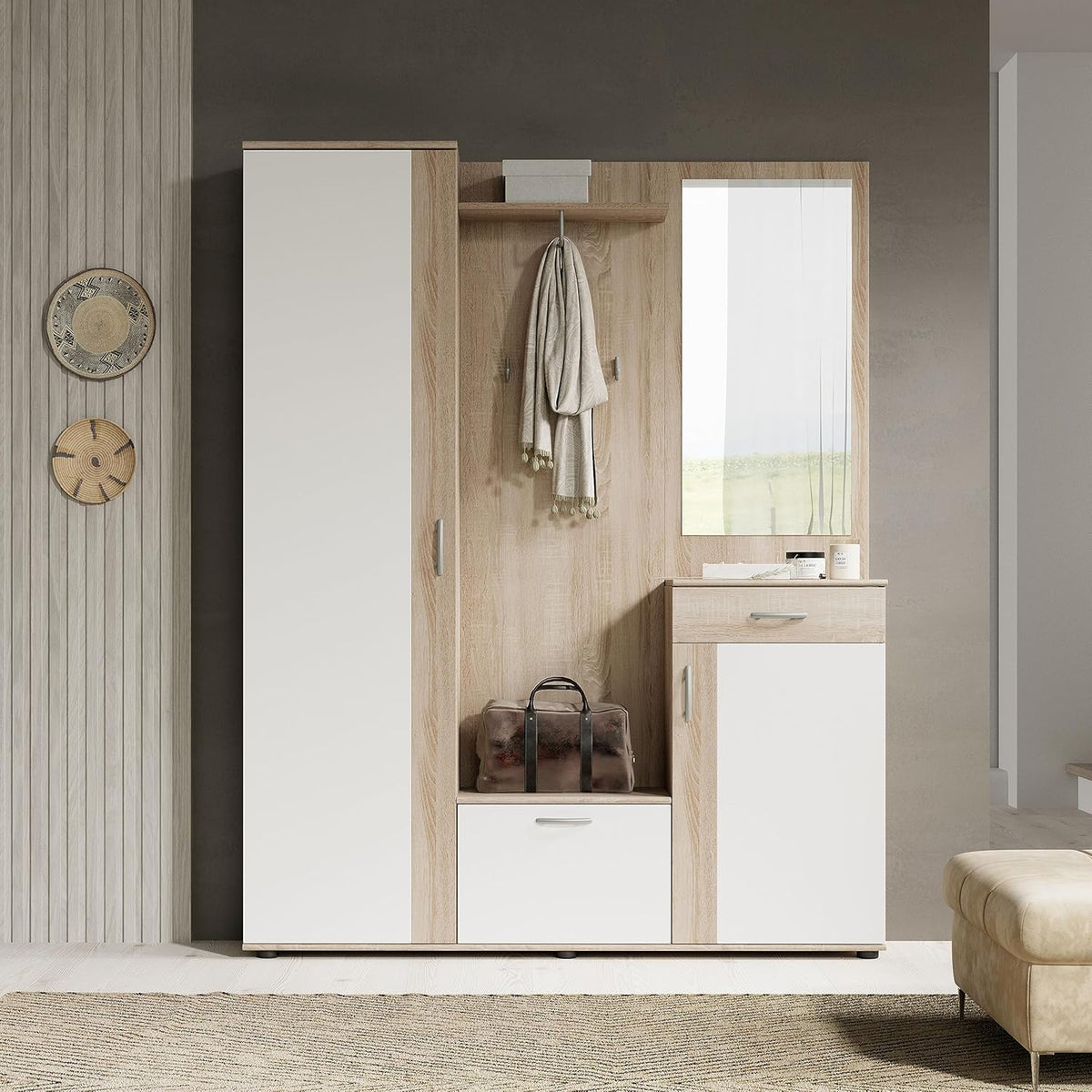 Stella Trading PATENT Ensemble de vestiaires d'entrée en aspect chêne Sonoma, blanc - Vestiaire compact stylé avec miroir pour votre entrée - 145 x 184 x 29 cm (L/H/P), marron