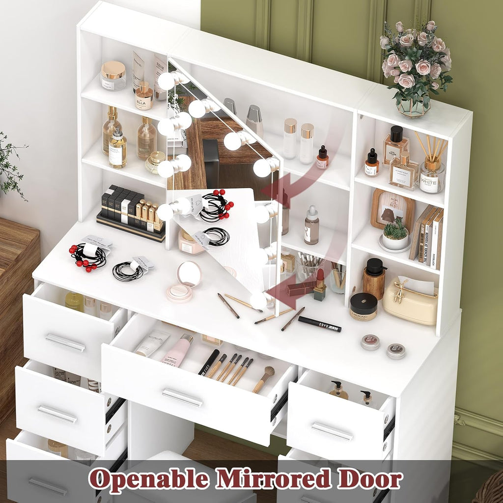 Buildonely Grande coiffeuse avec tabouret, miroir et éclairage, 3 températures de couleur avec luminosité réglable, table cosmétique avec 7 tiroirs, 40 x 100 x 140 cm, SD5210
