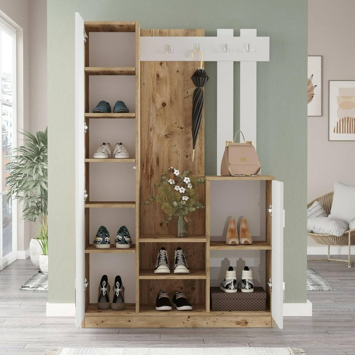 Dmora - Meuble d'entrée Australis, Crochet d'entrée, Composition pour l'atrium, Console de Rangement Multifonction, 114x38h180 cm, Chêne et Blanc