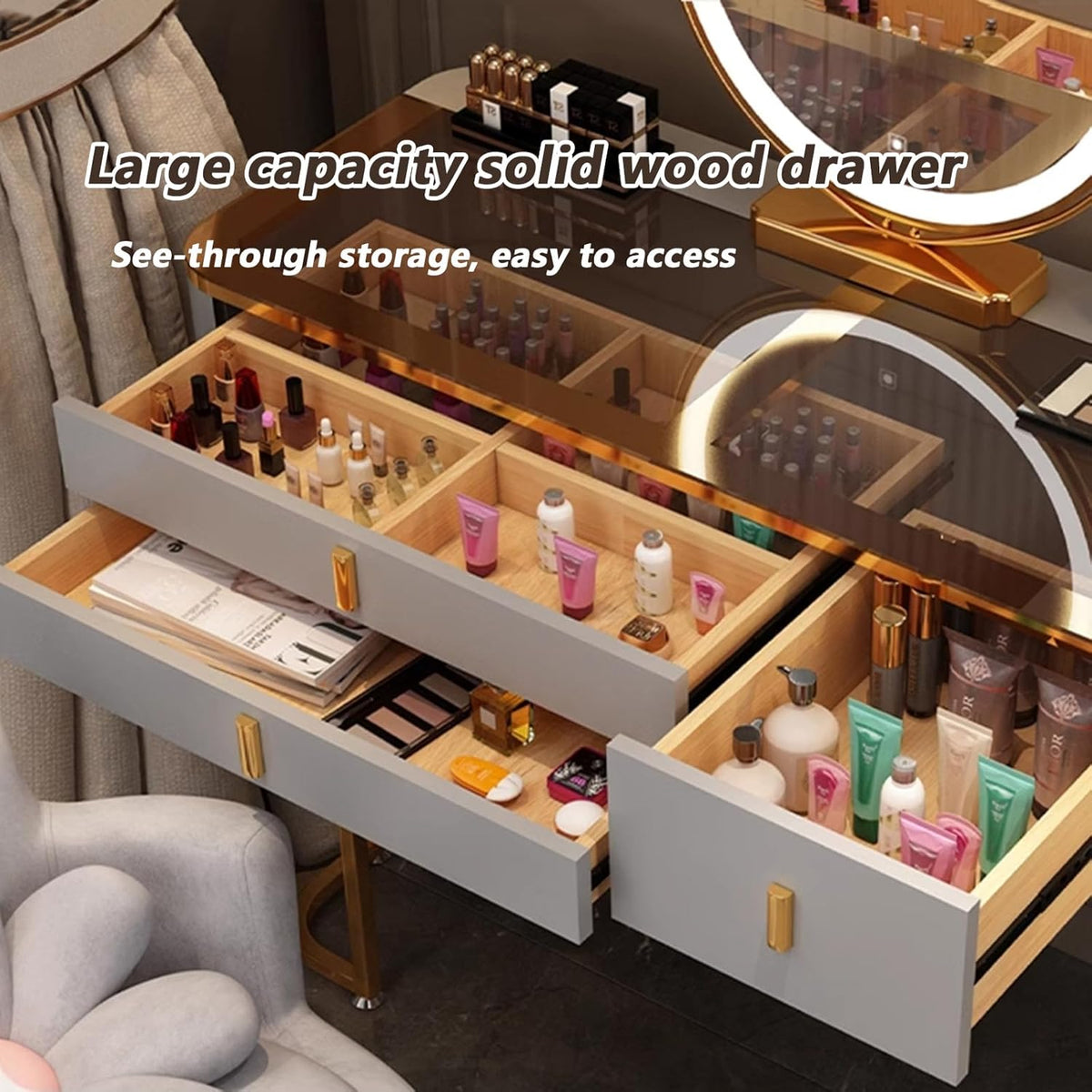 Generisch Ensemble de coiffeuse avec lumières LED, table de maquillage avec 5 tiroirs, station de charge sans fil et haut-parleur Bluetooth, chaise pour chambre à coucher filles femmes Blanc-noir