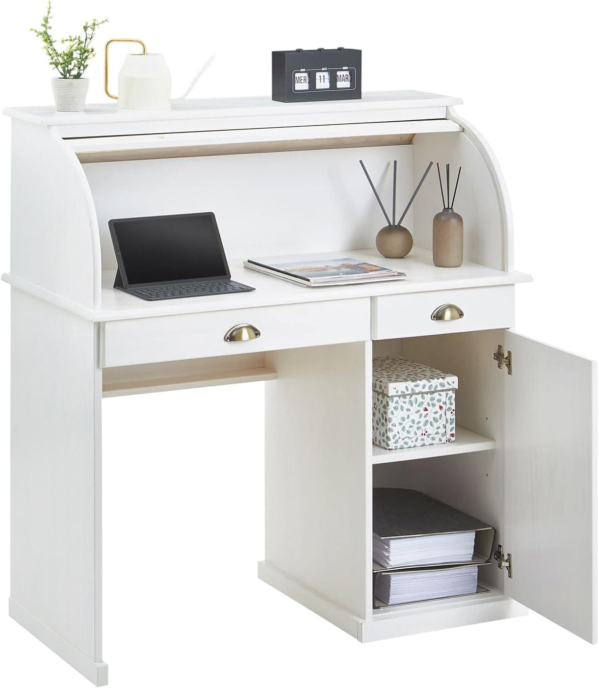 IDIMEX Bureau secrétaire Tom avec volet Roulant Rangement 2 tiroirs et 1 Porte avec étagère, en pin Massif lasuré Blanc
