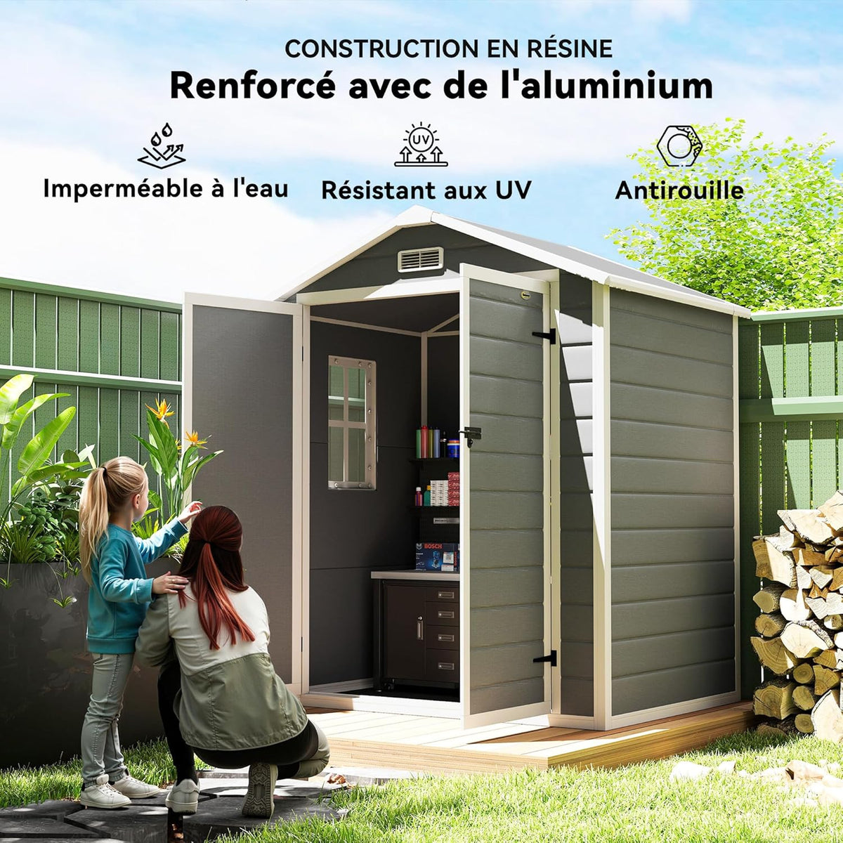 Outsunny Abri de Jardin cabanon en résine polypropylène 2,12 m² - 2 Portes 1 fenêtre et 1 Grille d'aération, Toit en Pente, Gris