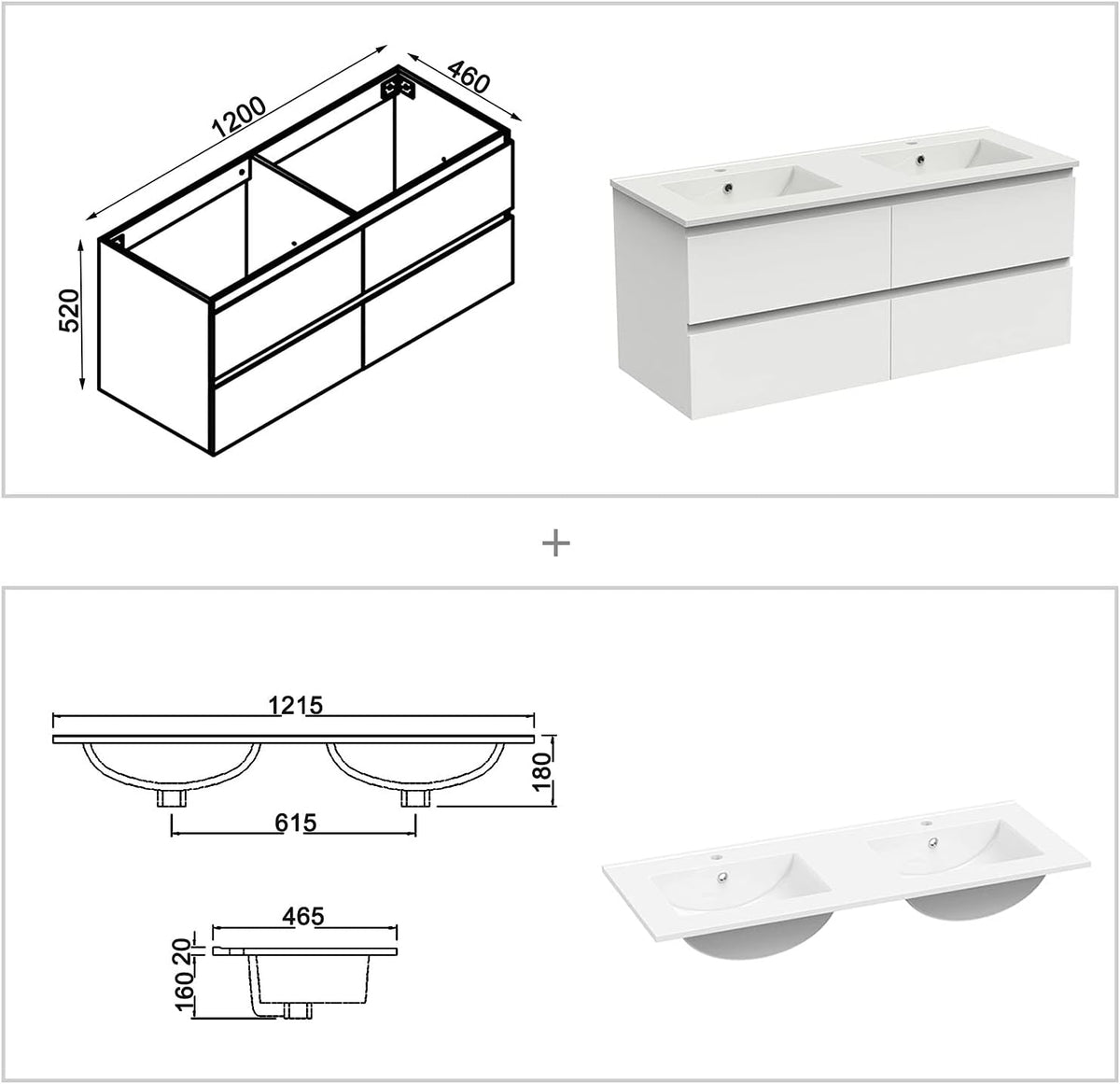HAPAOSO Ensemble Meubles Salle de Bain 120 cm Blanc - Double Vasque Céramique, 4 Tiroirs de Stockage, Miroir LED Ovale Dimmable
