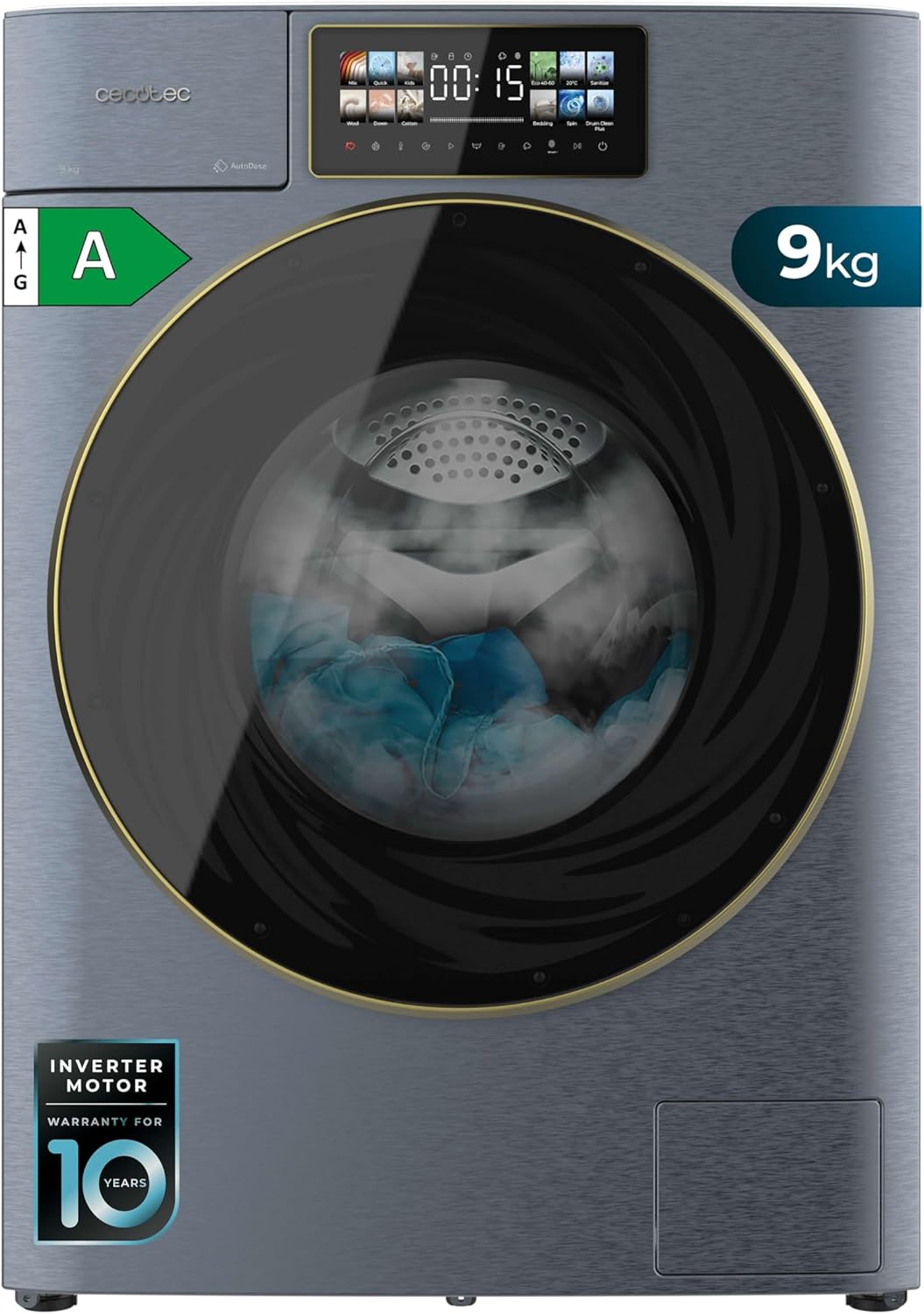 Cecotec Lave-linge 9Kg Chargement Frontal Autodose Bolero DressCode 9950 Autodose Inverter 3D Ice Blue A. Finition Bleue 1400 Tr/min, Core Matrix Screen, Porte XXL, Éclairage Intérieur