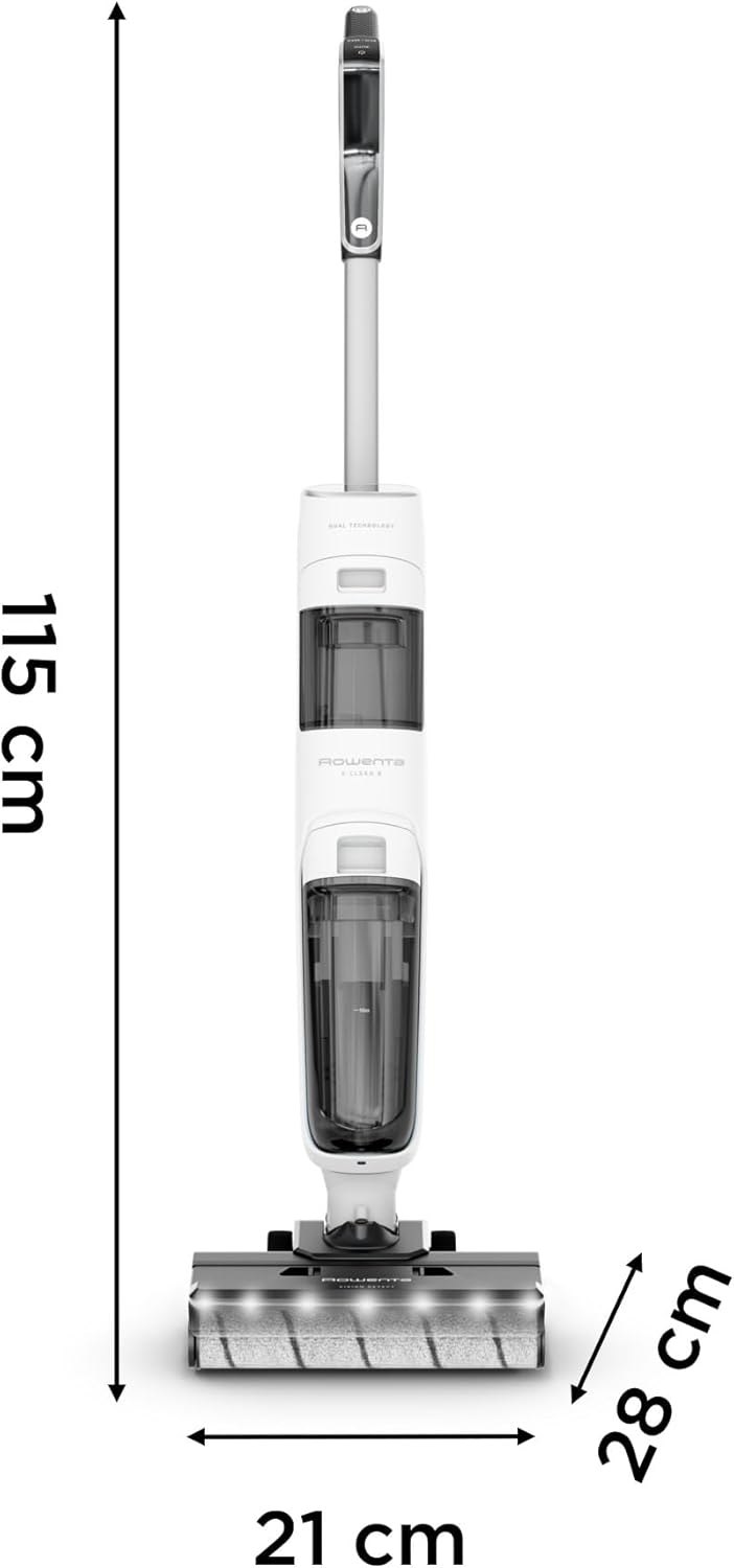 Rowenta X-Clean5, Aspirateur Laveur sans Fil, Nettoyage 2-en-1, Mode de détection Auto, Éclairage LED, Auto-Nettoyage, Séchage air Chaud, GZ5557EE, Blanc/Noir