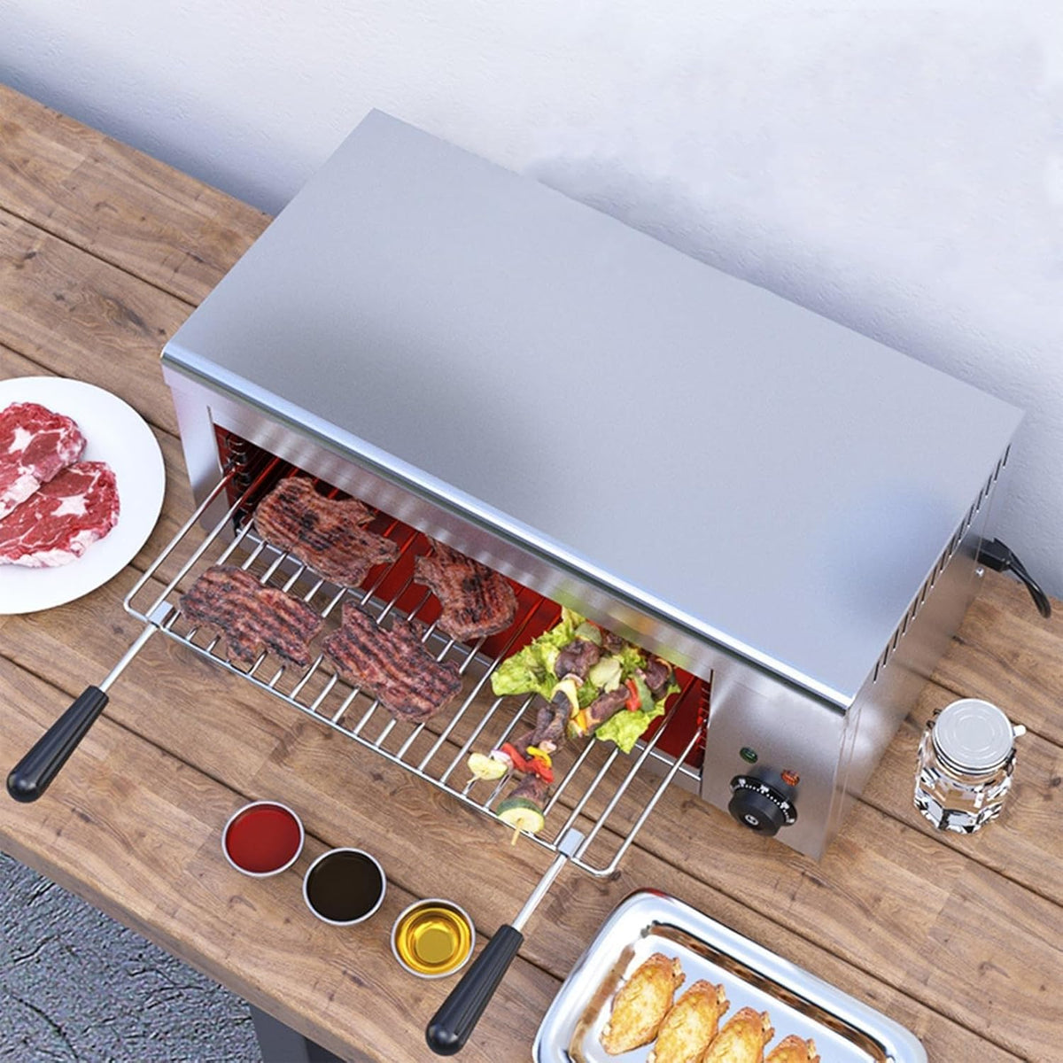 Grill Électrique À 4 Niveaux Réglables, 2000W - Capacité 30L, Thermostat 50-300C, Fonction Plancha, Cuisson Sans Fumée, Idéal Famille Raclette, Légumes, Viandes