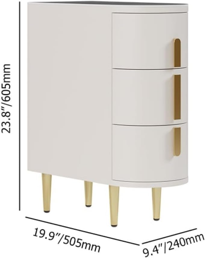 Homary Table de Chevet Étroite en Cuir à 3 Tiroirs, Dessus Pierre Frittée, Petit Meuble de Rangement Élégant pour Chambre Adulte (1, Blanc Cassé)