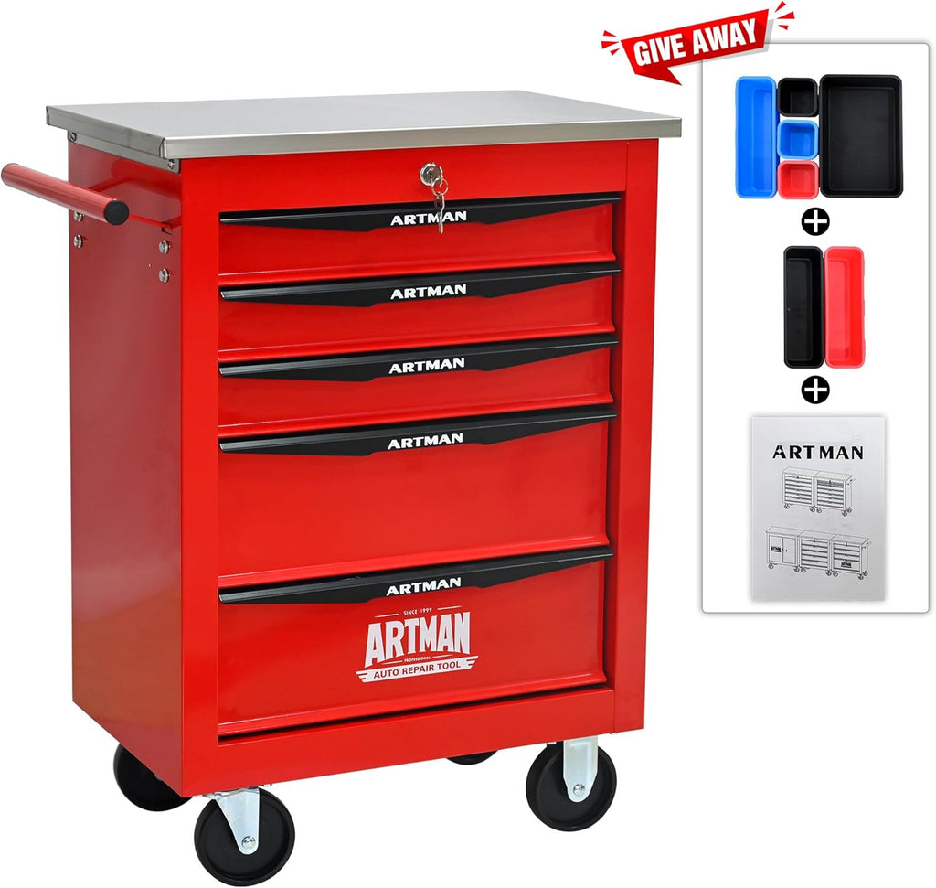 ELIHGTBY Servante d'Atelier Vide à 5 Tiroirs, Chariot d'Outils Robuste sur roulettes - Établi Mobile avec Verrouillage Centralisé, Armoire de Rangement pour Garage, Servante Atelier Rouge et Noir