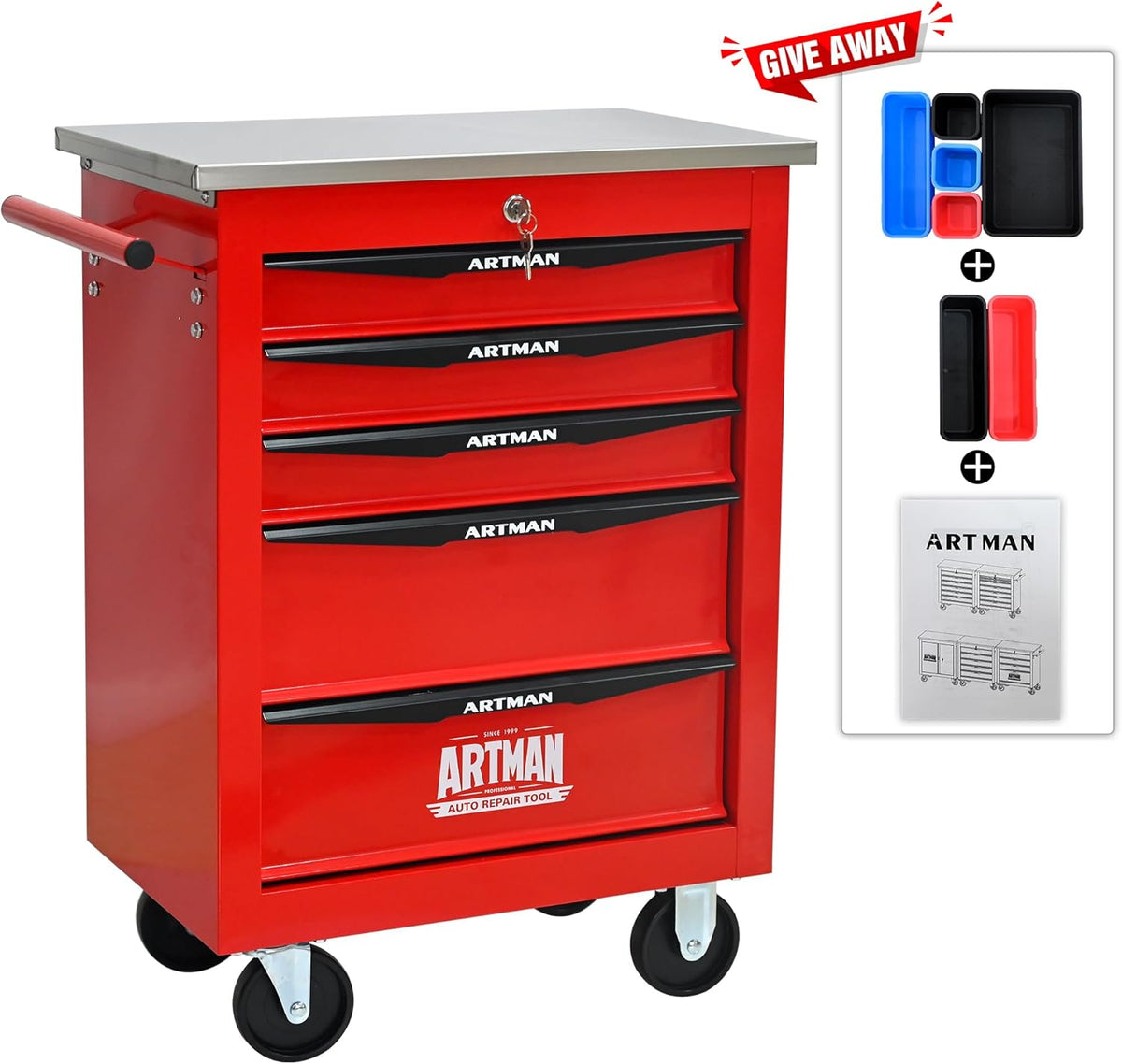 ELIHGTBY Servante d'Atelier Vide à 5 Tiroirs, Chariot d'Outils Robuste sur roulettes - Établi Mobile avec Verrouillage Centralisé, Armoire de Rangement pour Garage, Servante Atelier Rouge et Noir
