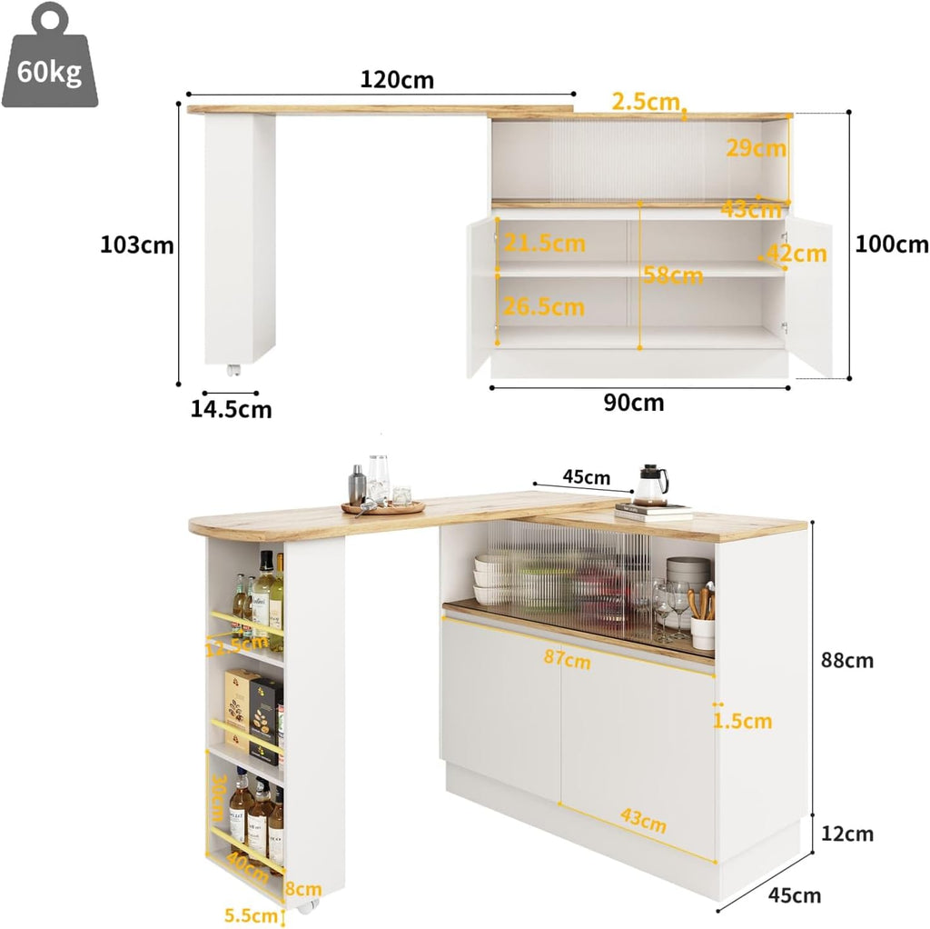 KOMHTOM Table de Bar Extensible avec Espace de Rangement, Meuble Bar avec 2 Portes en Verre, Rotation Libre à 360 °, étagères latérales (Blanc)