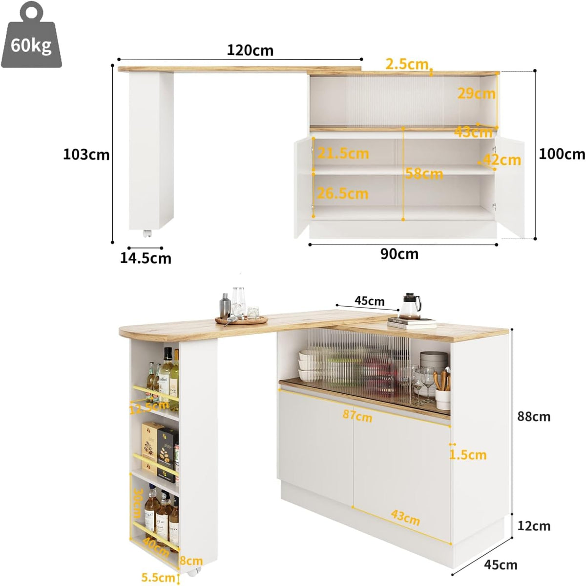 KOMHTOM Table de Bar Extensible avec Espace de Rangement, Meuble Bar avec 2 Portes en Verre, Rotation Libre à 360 °, étagères latérales (Blanc)