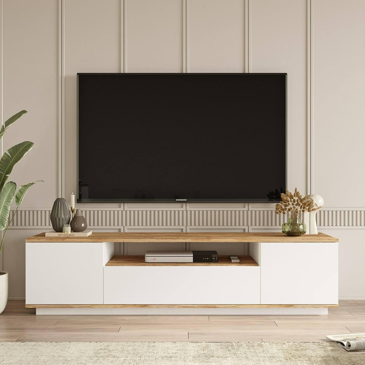 Dmora - Meuble TV Sinope, Buffet de Salon, Armoire Basse pour TV, Base Murale de Rangement, 180x45h45 cm, Chêne et Blanc