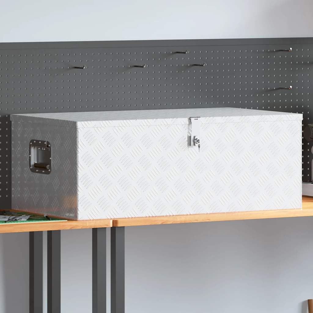 vidaXL Boîte de Rangement, Bac de Rangement avec Couvercle et Poignée, Coffre à Outils, Caisse de Remorque Transport, Argenté 100x55x37 cm Aluminium