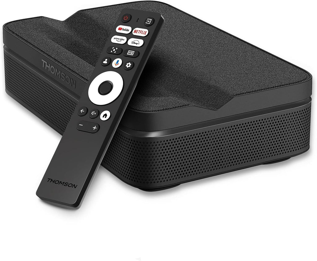 Thomson Sirius PG55B Projecteur Laser Intelligent Portable avec Google TV, Batterie Intégrée, Ultra Courte Focale, 600 Lumens ANSI, HDR10+, Dolby Audio, Mise au Point Automatique, WiFi, Bluetooth–Noir