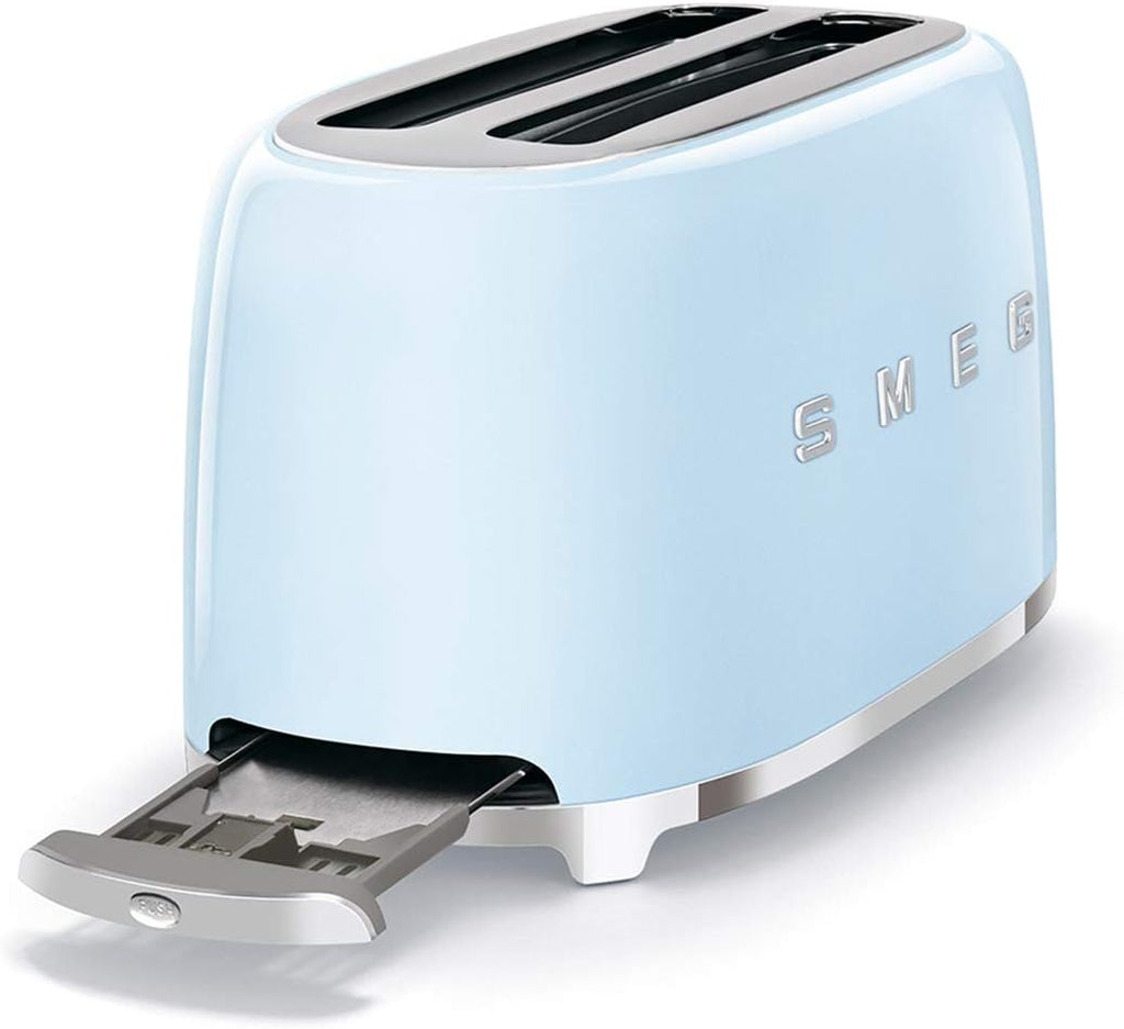 Smeg, Grille-pain 4 Tranches TSF02PBEU, 2 Fentes 36 mm, 6 Niveaux de Brunissage, Fonction Chauffage, Décongélation et Bagel, Éjection Automatique du Pain, Ramasse Miettes, 1500 W, Bleu Clair Pastel